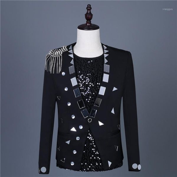 punk men rivets sequin stage performance costumes slim fit suit black white nightclub party dj singer blazers men suits jacket1, White;black 
punk men rivets sequin stage performance costumes slim fit suit black white nightclub party dj singer blazers men suits jacket1, White;black
