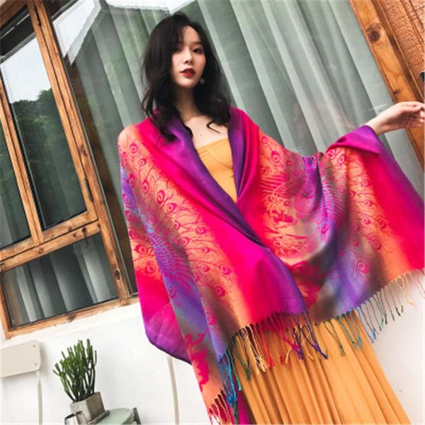 

spring travel scarives color gradient peacock pattern bohemian scarf national style ladies shawl jacquard scarf, Blue;gray