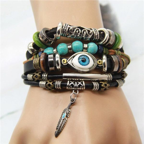 tennis multilayer leather bracelet for women men eye charms beaded feather pendant boho lady bangles vintage punk wrap wristband, Golden;silver
tennis multilayer leather bracelet for women men eye charms beaded feather pendant boho lady bangles vintage punk wrap wristband, Golden;silver