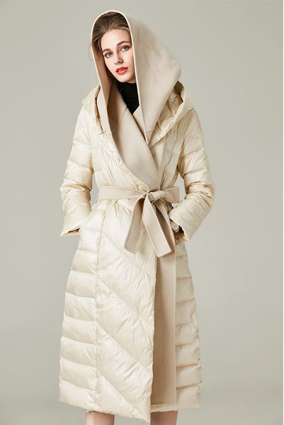 obrix female duck down filler warm jacket hooded knee length cashmere full sleeve coat belt winter parka for women 201112, Black;brown
obrix female duck down filler warm jacket hooded knee length cashmere full sleeve coat belt winter parka for women 201112, Black;brown