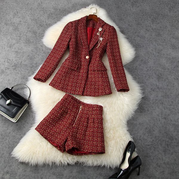 european and american women's wear 2020 winter new style long sleeve coat shorts fashionable red tweed suit, White 
european and american women's wear 2020 winter new style long sleeve coat shorts fashionable red tweed suit, White