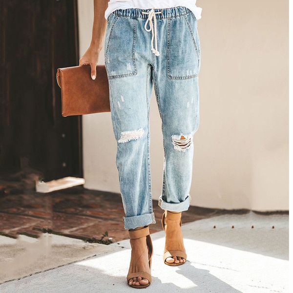hole ripped cotton brim pants for female plus size mama elastic highwaisted women's in straight line loose breeches mujer summer, Blue
hole ripped cotton brim pants for female plus size mama elastic highwaisted women's in straight line loose breeches mujer summer, Blue
