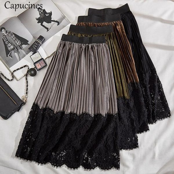 capucines ladies autumn winter fashion lace stitching pleated velvet skirts women vintage elastic waist midi maxi skirt1, Black
capucines ladies autumn winter fashion lace stitching pleated velvet skirts women vintage elastic waist midi maxi skirt1, Black