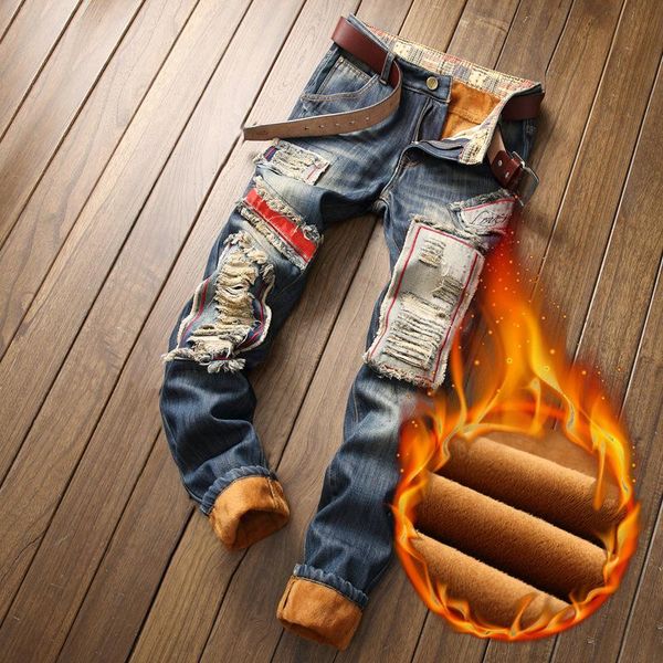 men's jeans plus velvet ripped winter male trendy fashion keep warm designer hole fleece denim pants pantalones de hombre, Blue
men's jeans plus velvet ripped winter male trendy fashion keep warm designer hole fleece denim pants pantalones de hombre, Blue