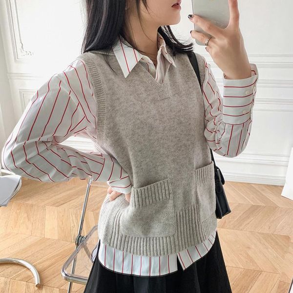 women's vests early autumn women knitted vest sleeveless 2021 sweater with pockets, Black;white
women's vests early autumn women knitted vest sleeveless 2021 sweater with pockets, Black;white