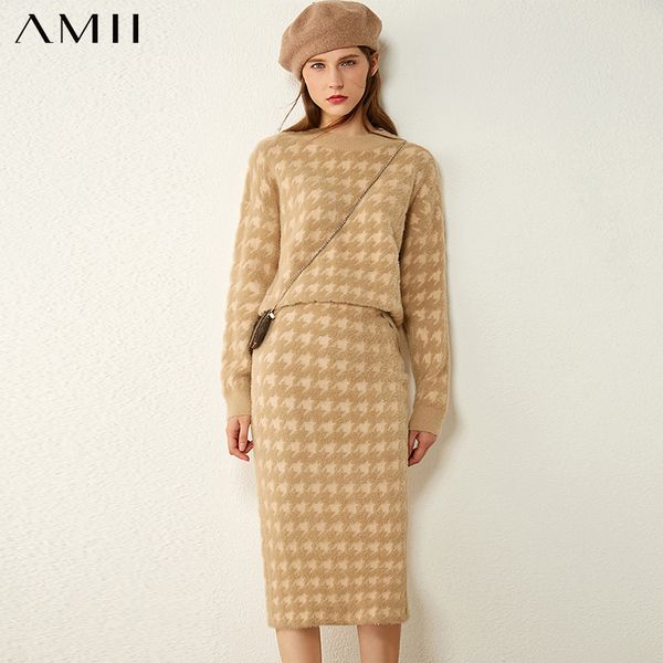 amii minimalism autumn winter suits for women fashion houndstooth oneck loose sweater high waist aline women's skirt 12070372 q1208, White