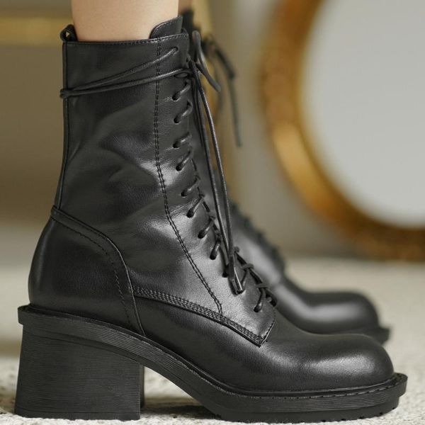 women's genuine leather chunky heel lace-up autumn mid-calf boots round toe punk shoes motorcycle boots sale, Black
women's genuine leather chunky heel lace-up autumn mid-calf boots round toe punk shoes motorcycle boots sale, Black