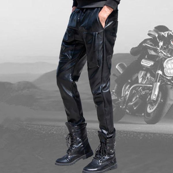 black pu leather pants men's faux leather trousers male winter fleece warm casual motorcycle streetwear pockets pants plus size1