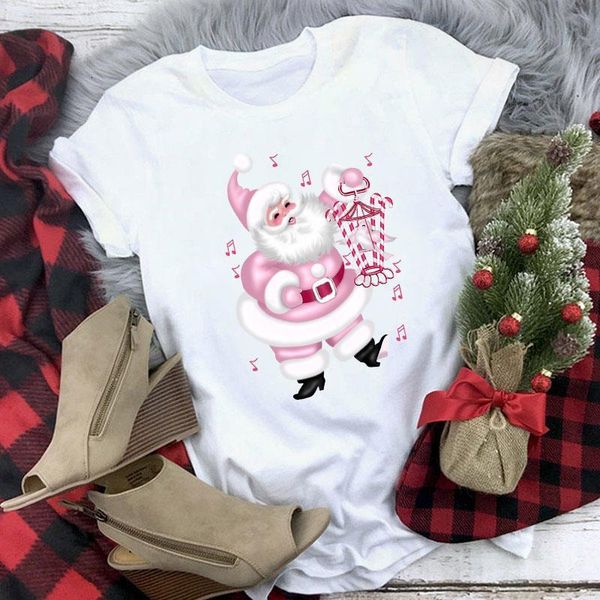 

розовый санта-клаус оленей милый мультфильм футболка женские с рождеством хараджуку с коротким рукавом футболка девушки повседневные моды, White