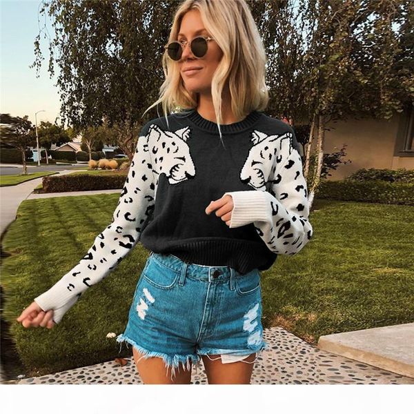 women designer sweater colorful leopard print o neck long sleeve womens sweater wool winter ladies clothing, White;black
women designer sweater colorful leopard print o neck long sleeve womens sweater wool winter ladies clothing, White;black