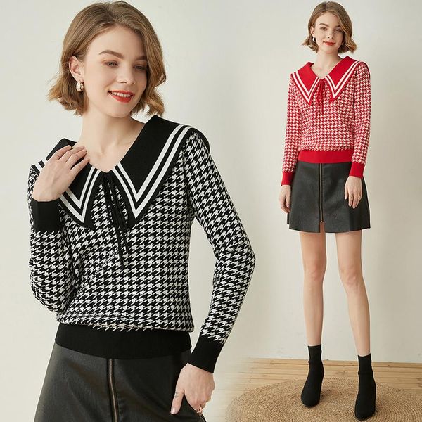 fashion women's sweater 2020 autumn and winter new houndstooth navy collar pullover sweater warm, White;black
fashion women's sweater 2020 autumn and winter new houndstooth navy collar pullover sweater warm, White;black