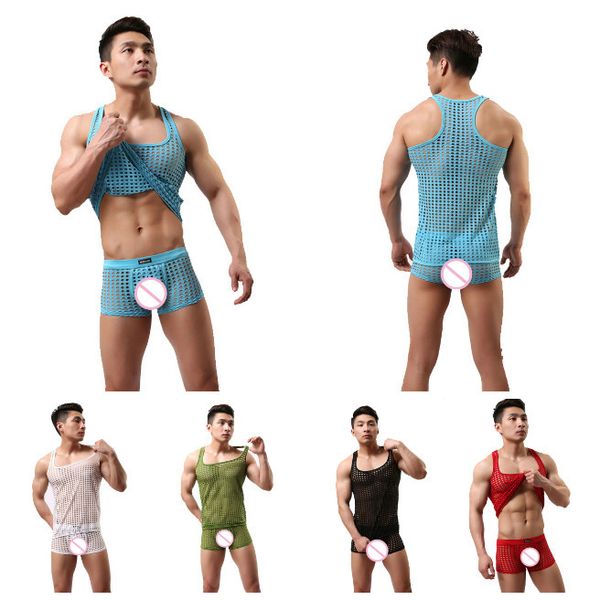 men's mesh pajamas sets men underwear sleep tshirts shorts hollow see through transparent sleepwear suit q1216, Black;white
men's mesh pajamas sets men underwear sleep tshirts shorts hollow see through transparent sleepwear suit q1216, Black;white