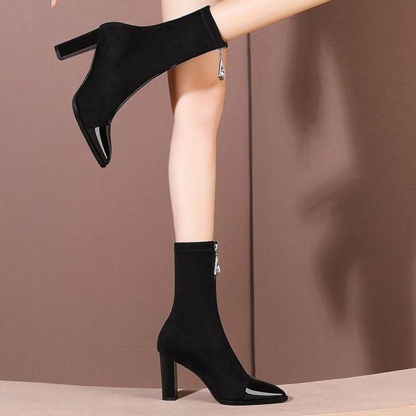 boots thick heel short socks women's medium autumn and winter pointed tube high-heeled show thin elastic, Black 
boots thick heel short socks women's medium autumn and winter pointed tube high-heeled show thin elastic, Black