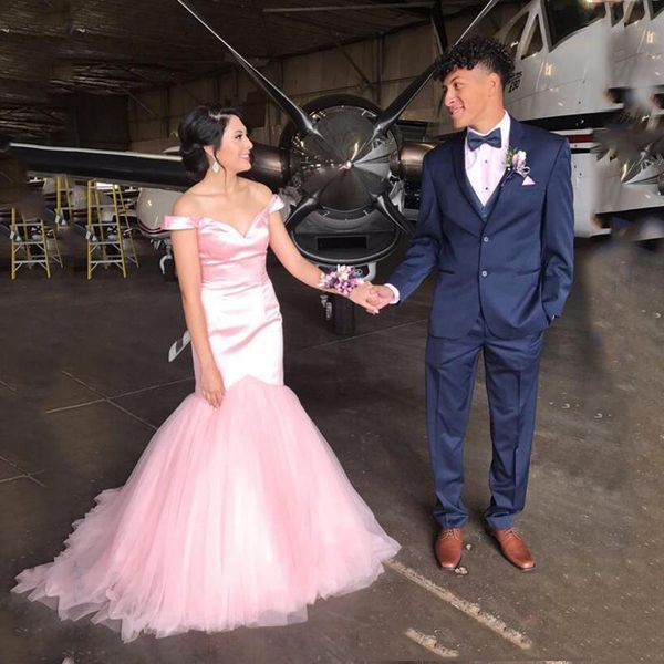 custom made off shouler pink mermaid prom dresses with short sleeves sweep train tulle satin formal evening party gowns, Black
custom made off shouler pink mermaid prom dresses with short sleeves sweep train tulle satin formal evening party gowns, Black