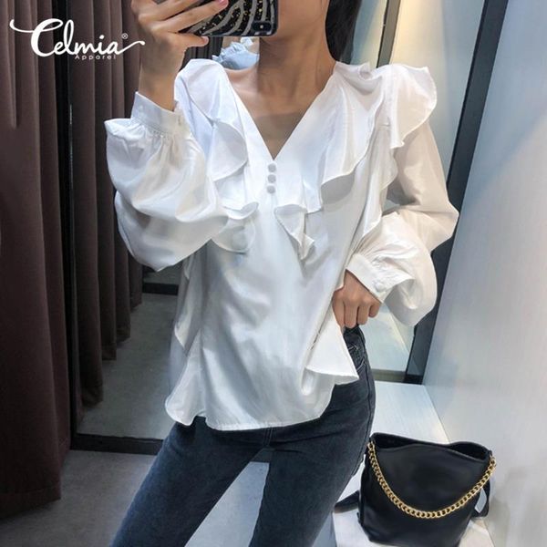 women's blouses & shirts celmia women fashion v-neck ruffles long sleeve casual loose solid elegant office blusas femininas 5xl, White
women's blouses & shirts celmia women fashion v-neck ruffles long sleeve casual loose solid elegant office blusas femininas 5xl, White
