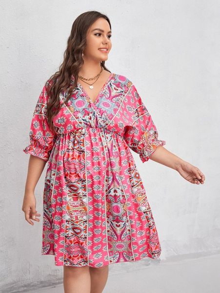 plus allover print surplice dress 10p8#, Black 
plus allover print surplice dress 10p8#, Black