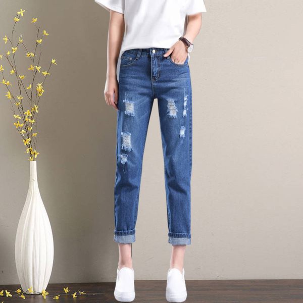 ripped loose brem straight for female boyfriend high waist deniharem streetwear pants in fashion baggy white ankle-length jeans, Blue
ripped loose brem straight for female boyfriend high waist deniharem streetwear pants in fashion baggy white ankle-length jeans, Blue