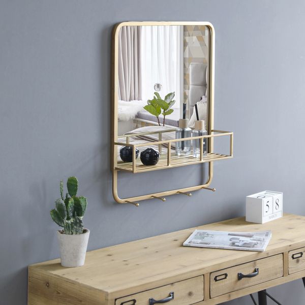 25 inch indoor wrought iron wall-mounted flat mirror with shelf with hooks rectangular bathroom bedroom vanity mirror gold
25 inch indoor wrought iron wall-mounted flat mirror with shelf with hooks rectangular bathroom bedroom vanity mirror gold