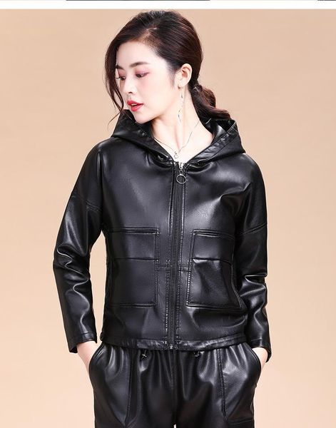 women's leather & faux short 2021 spring and autumn sheep jacket korean loose thin hooded coat, Black
women's leather & faux short 2021 spring and autumn sheep jacket korean loose thin hooded coat, Black