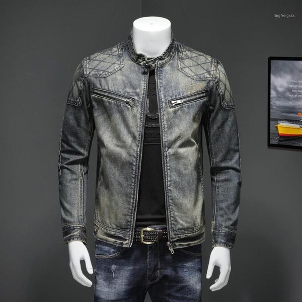 men's blue denim vintage classic biker motorcycle jacket stand collar retro slim fit distressed racer jeans coat drop shipping1, Black;brown 
men's blue denim vintage classic biker motorcycle jacket stand collar retro slim fit distressed racer jeans coat drop shipping1, Black;brown