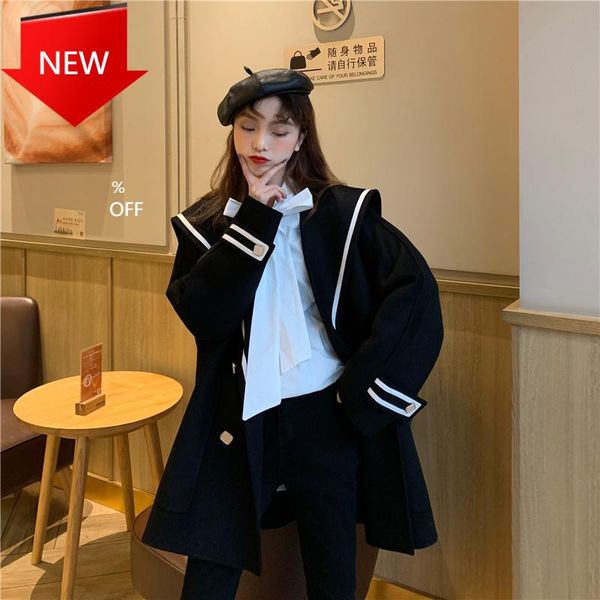 mid-long new korean style women's outerwear faux wool coats 2020 new spring autumn navy lapel woolen coat female, Black
mid-long new korean style women's outerwear faux wool coats 2020 new spring autumn navy lapel woolen coat female, Black