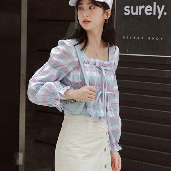 women long sleeves shirt blouse women's plaid square collar sweet puff sleeve chiffon shirt blouse girls, White
women long sleeves shirt blouse women's plaid square collar sweet puff sleeve chiffon shirt blouse girls, White