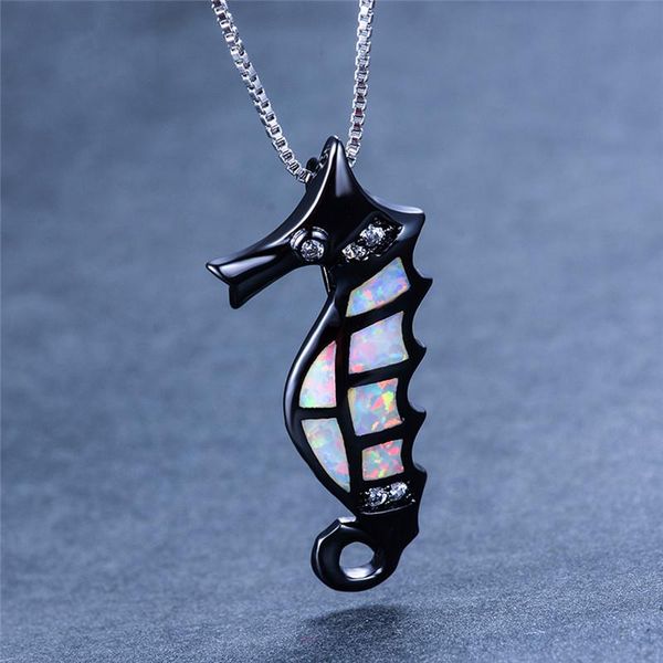 pendant necklaces boho female big seahorse pendants fashion white blue fire opal necklace black gold wedding for women, Silver