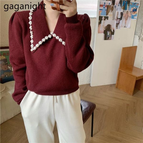 gaganight vintage women knitted sweater winter doll turn-down collar bottom pullover solid korean beading femme chic blusas, White;black 
gaganight vintage women knitted sweater winter doll turn-down collar bottom pullover solid korean beading femme chic blusas, White;black