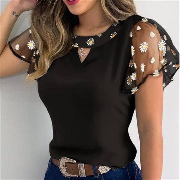 women ruffles short sleeve t shirt summer fashion casual flower embroidery cutout mesh sheer slim vintage pullover tee, White
women ruffles short sleeve t shirt summer fashion casual flower embroidery cutout mesh sheer slim vintage pullover tee, White