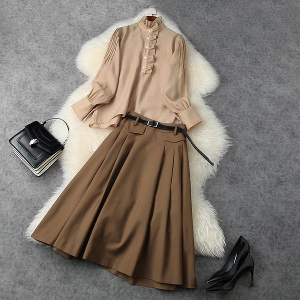 european and american women's clothing new styles for spring 2021 shirt long sleeve and standing collar belt skirt fashion suit, White
european and american women's clothing new styles for spring 2021 shirt long sleeve and standing collar belt skirt fashion suit, White