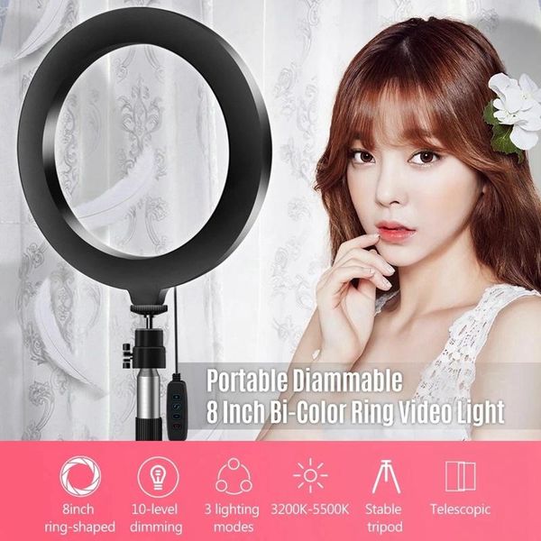 portable 20cm / 8 inch diammable 3200k-5500k bi-color ring video light 3pcs lighting modes
portable 20cm / 8 inch diammable 3200k-5500k bi-color ring video light 3pcs lighting modes