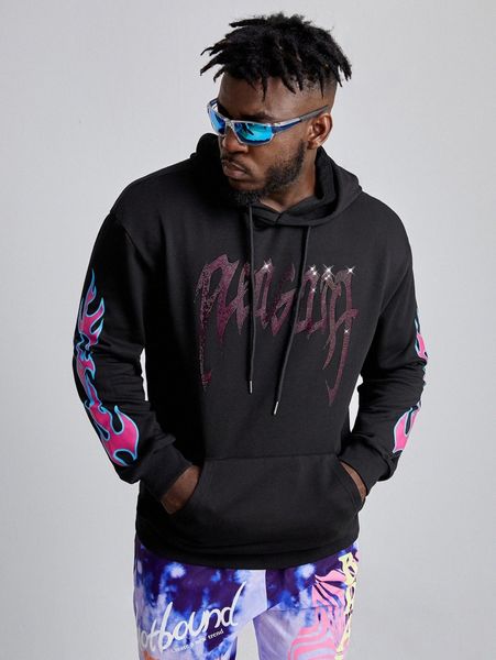 extended sizes men fire print rhinestone letter pattern drawstring hoodie d49d#, Black
extended sizes men fire print rhinestone letter pattern drawstring hoodie d49d#, Black