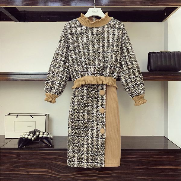 new fall winter tweed 2 piece set half turtleneck ruched patchwork and woolen skirt sets elegant plaid pullover skirt set t200325, White 
new fall winter tweed 2 piece set half turtleneck ruched patchwork and woolen skirt sets elegant plaid pullover skirt set t200325, White
