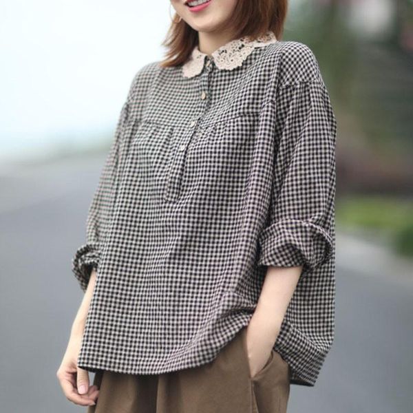 johnature 2020 autumn new loose retro plaid peter pan collar button long sleeve shirt cotton linen comfortable women shirts, White
johnature 2020 autumn new loose retro plaid peter pan collar button long sleeve shirt cotton linen comfortable women shirts, White