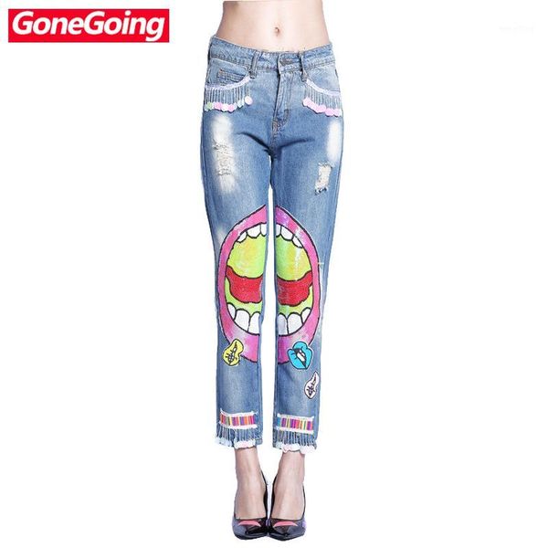 gonegoing s-l 2020 new women high waisted jeans cartoon sequins blue pencil denim pants for party 05211