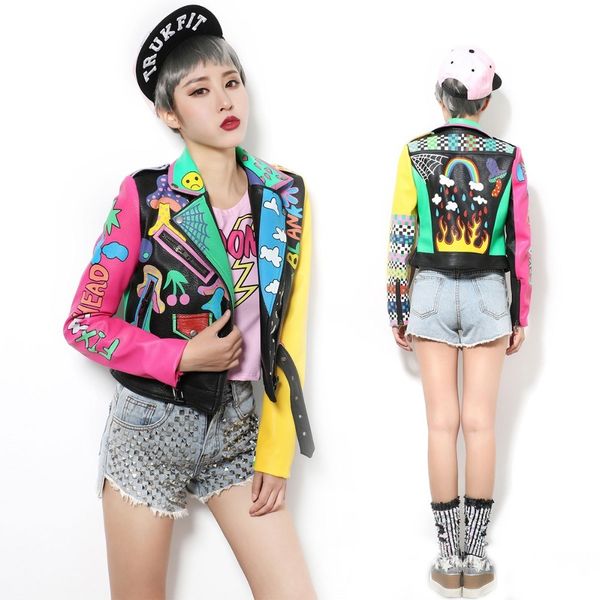 new crazy style graffiti pattern pu leather for women jacket with a belt and zippers woman motorcycle short leather outwear 201028, Black;brown
new crazy style graffiti pattern pu leather for women jacket with a belt and zippers woman motorcycle short leather outwear 201028, Black;brown