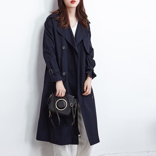 dark blue windbreaker female 2020 autumn women's coat new loose suit collar long coat over the knee long trench1, Tan;black 
dark blue windbreaker female 2020 autumn women's coat new loose suit collar long coat over the knee long trench1, Tan;black