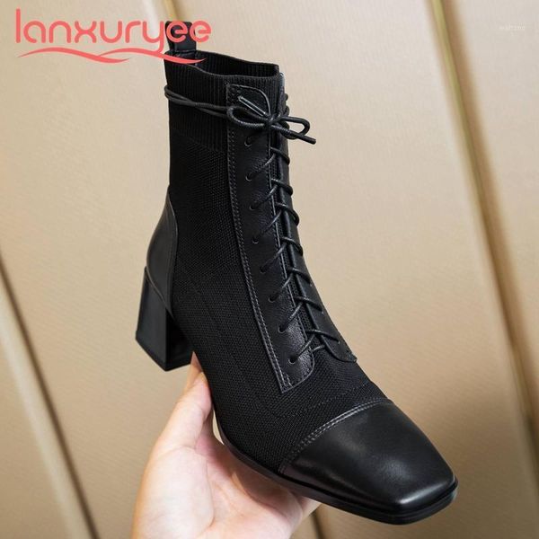 lanxuryee sock boots natural leather knitting mixed cloth square toe thick high heel lace up office lady modern ankle boots l391, Black
lanxuryee sock boots natural leather knitting mixed cloth square toe thick high heel lace up office lady modern ankle boots l391, Black