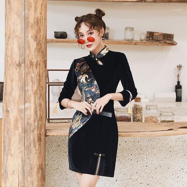 film modified cheongsam young black velvet dress girl chinese wind cultivate one's morality short spring and autumn1, Black;gray
film modified cheongsam young black velvet dress girl chinese wind cultivate one's morality short spring and autumn1, Black;gray