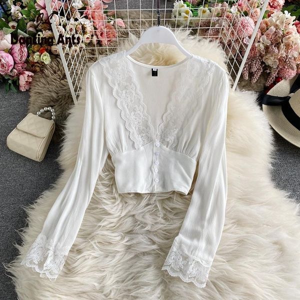 women's blouses & shirts women high waist v-neck long sleeve blouse single breasted lace french chic solid autumn vintage woman fashion, White
women's blouses & shirts women high waist v-neck long sleeve blouse single breasted lace french chic solid autumn vintage woman fashion, White