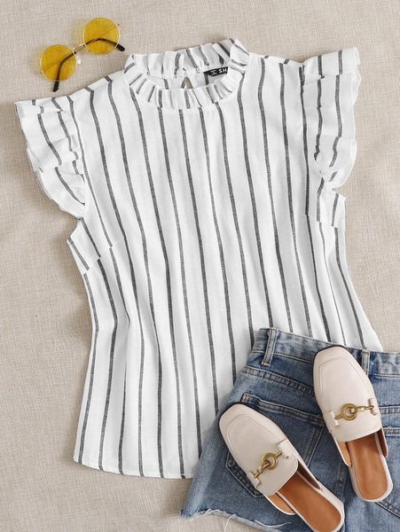 frilled neck ruffle armhole striped s8s6#, White
frilled neck ruffle armhole striped s8s6#, White