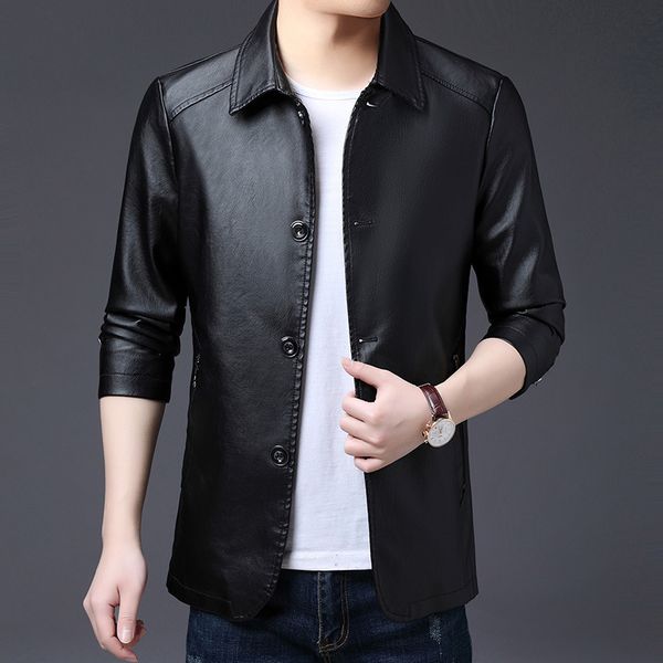 men's jacket, spring autumn leather face lapel, slim button, middle-aged and old dad's motorcycle fashion, Black;brown
men's jacket, spring autumn leather face lapel, slim button, middle-aged and old dad's motorcycle fashion, Black;brown