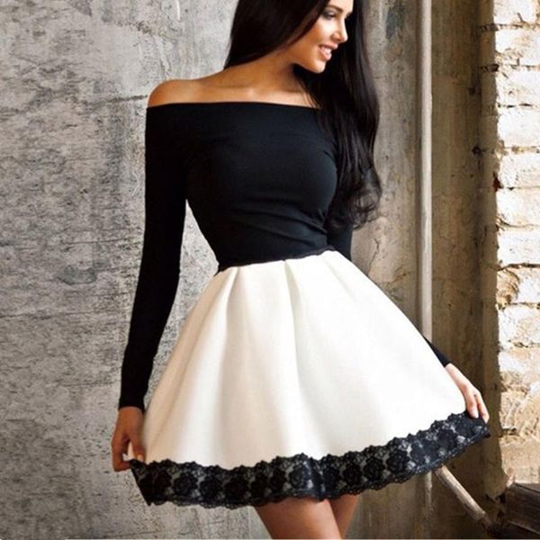 women spring autumn winter black white slash neck long sleeve lace stitching dress robe, Black;gray
women spring autumn winter black white slash neck long sleeve lace stitching dress robe, Black;gray
