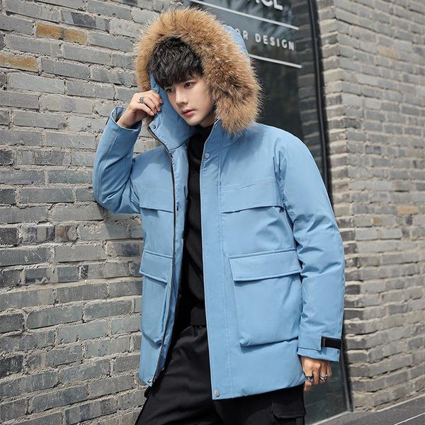 men's down & parkas 2021 jacket short hooded youth white duck work clothes coat large hairy collar thickened wear, Black
men's down & parkas 2021 jacket short hooded youth white duck work clothes coat large hairy collar thickened wear, Black