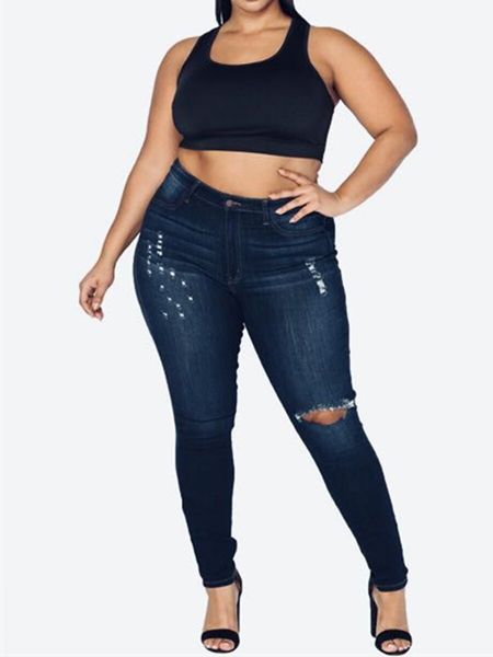 large jeans women's 2020 fashion hole high elastic leggings, Blue