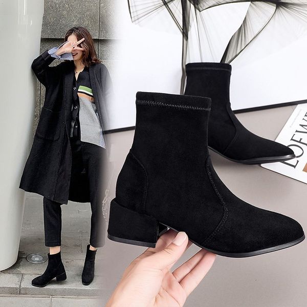 female winter 2020 elastic ankle black suede booties pointed to ladies'shoes in square heels mujer boots frds
female winter 2020 elastic ankle black suede booties pointed to ladies'shoes in square heels mujer boots frds