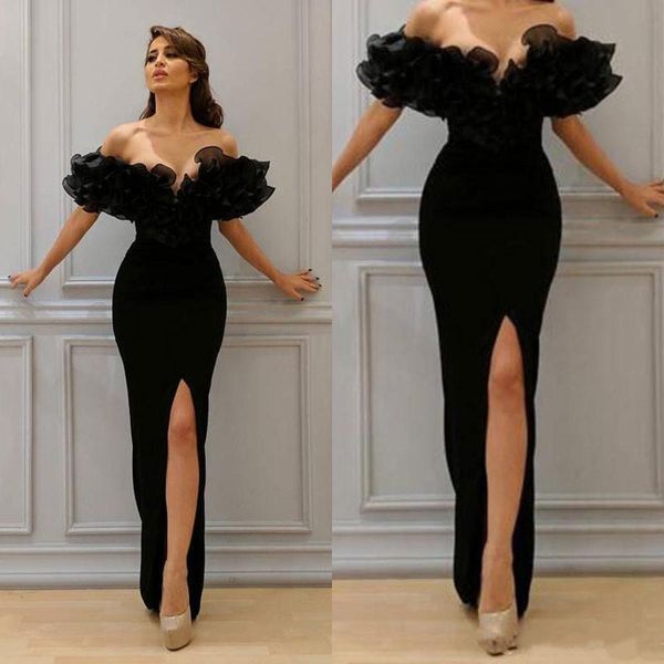 black sheath split evening dresses off shoulder ruffled evening gowns custom made party dress, Black;red
black sheath split evening dresses off shoulder ruffled evening gowns custom made party dress, Black;red