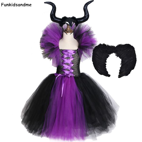 

maleficent tutu dress with horns wing evil queen girls fancy dress carnival party gowns for kids halloween cosplay witch costume t200624, Red;yellow
