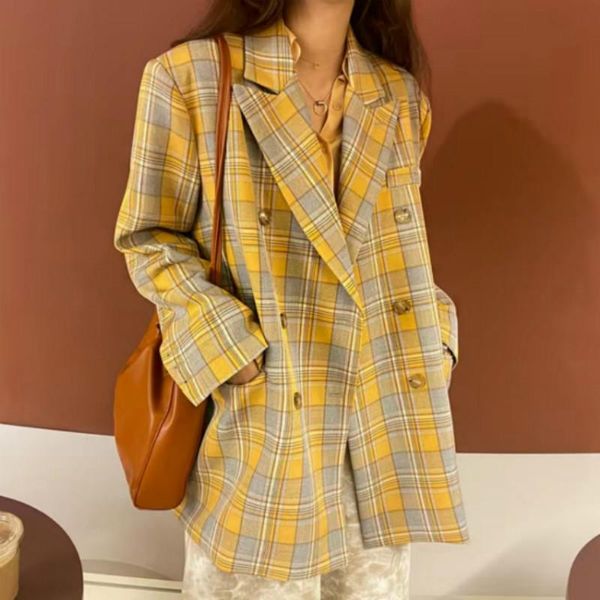 autumn long-sleeved suit retro loose ladies plaid double-breasted fashion jacket, White;black
autumn long-sleeved suit retro loose ladies plaid double-breasted fashion jacket, White;black