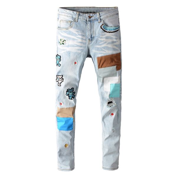 men's bear embroidery patchwork light blue jeans streetwear holes ripped stretch denim skinny jeans c1123, Black;white
men's bear embroidery patchwork light blue jeans streetwear holes ripped stretch denim skinny jeans c1123, Black;white